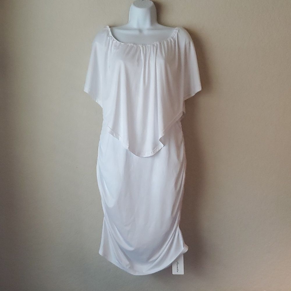 NWT Nuonita Women's White Off-The-Shoulder Ruched Bodycon Midi Dress Size 14**